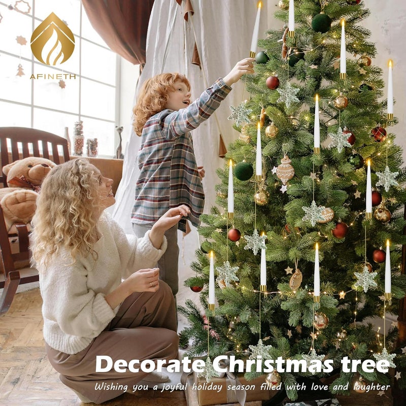 AFINETH Flameless Taper Candles for Christmas Tree Decorations, Battery Operated Christmas Candles with Remote, 12 Pack Flickering LED Candlesticks with Clear Snowflake Hooks for Xmas Tree Decoration - Image 5